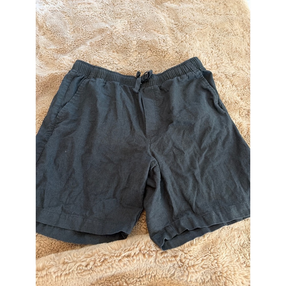 Mens Black Linen Cotton Blend Drawstring Elastic Waist Shorts Size M